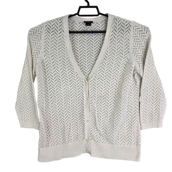 Womens Anne Taylor Ivory Knit Cardigan Sweater Mesh V Neck Button 3/4 Sleeve XL - Picture 1 of 9